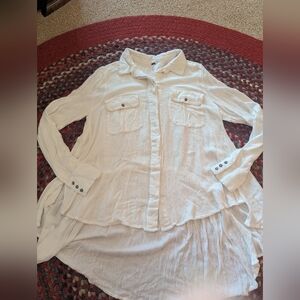 Free People White Button-Up Shirt with High-Low Hem M